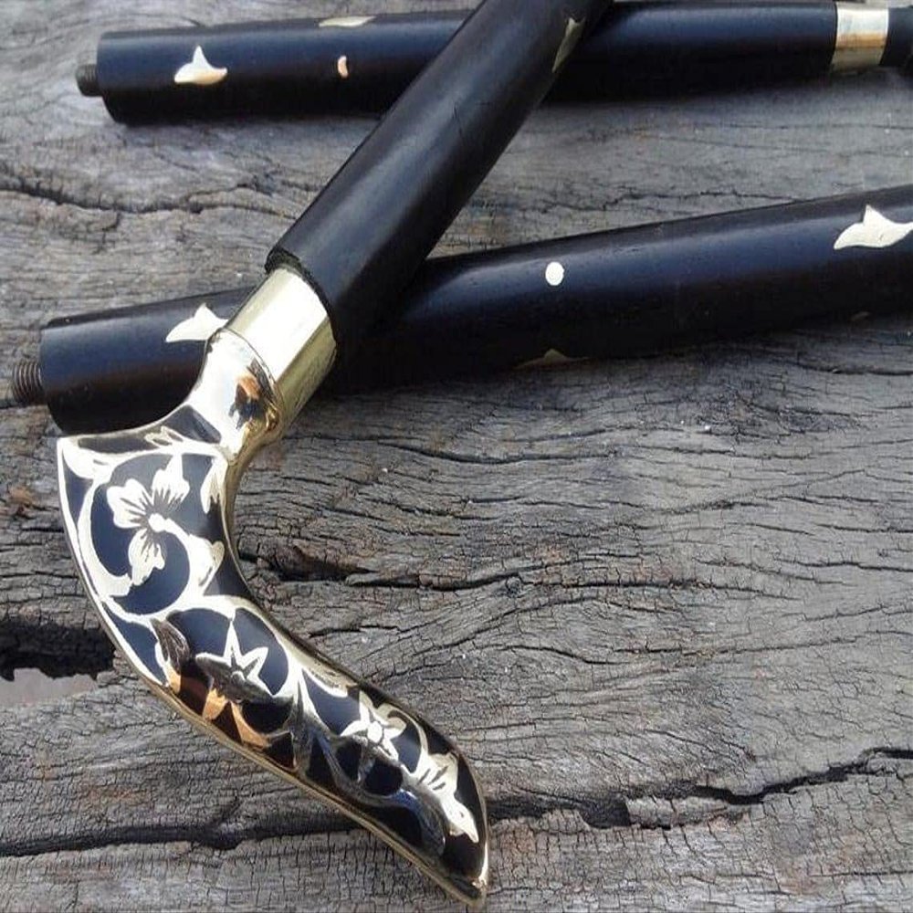 Antique Brass Cane Designer, Wooden Walking Stick Handmade Wooden Stick Golden Flower Leaf Cane Handmade Walking Stick Solid Wood Stick by Global Crafts., Black and Silver