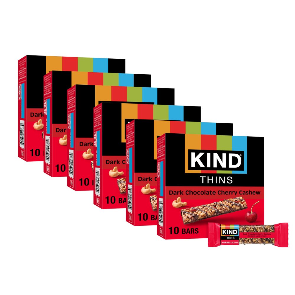 KIND THINS Dark Chocolate Cherry Cashew, 0.74 Ounce, 10 Count, Gluten Free Bars, 5g Sugar (60 Bars)