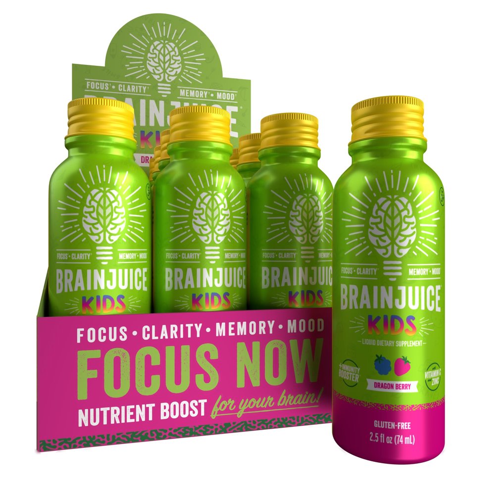 BrainJuice Kids Brain & Immune Support Shot, Gluten Free Supplement Shots for Energy, Focus, Immunity with Vitamin D, C, B, Alpha GPC & Organic Ginger Root, Ages 5+, Dragon Berry, 2.5 fl oz, 12 Pack