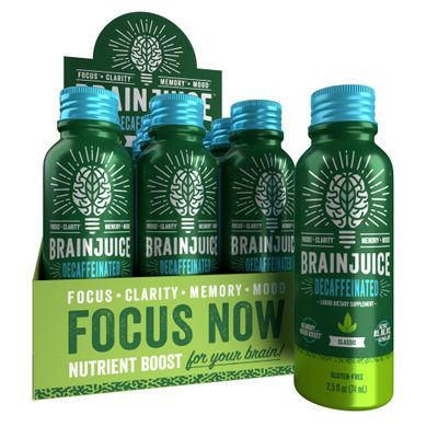 BrainJuice Decaf Brain Support Shot, Gluten Free Supplement Shots for Energy & Focus, Healthy Drinks with Alpha GPC, Vitamin B & Decaffeinated Green Tea Leaf, Classic, 2.5 fl oz, 12 Pack