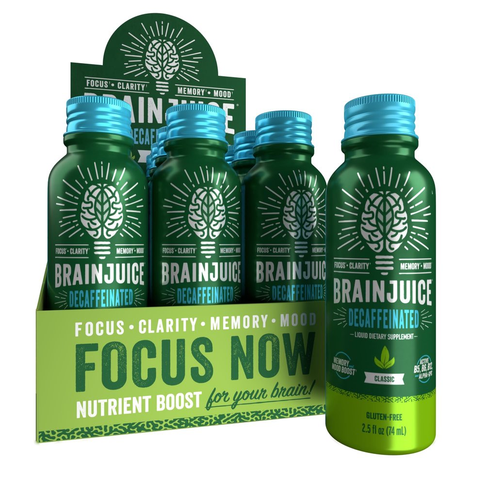 BrainJuice Decaf Brain Support Shot, Gluten Free Supplement Shots for Energy & Focus, Healthy Drinks with Alpha GPC, Vitamin B & Decaffeinated Green Tea Leaf, Classic, 2.5 fl oz, 12 Pack