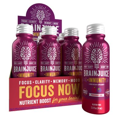 BrainJuice Brain and Immune Support Shot, Gluten Free Supplement Shots for Energy, Focus, Immunity with Vitamin D, C B, Alpha GPC & Organic Ginger Root, Pomegranate Acai, 2.5 fl oz, 12 Pack