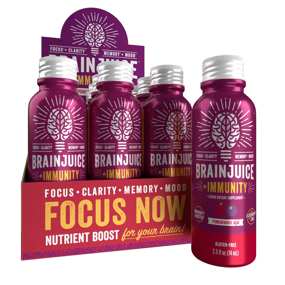 BrainJuice Brain and Immune Support Shot, Gluten Free Supplement Shots for Energy, Focus, Immunity with Vitamin D, C B, Alpha GPC & Organic Ginger Root, Pomegranate Acai, 2.5 fl oz, 12 Pack