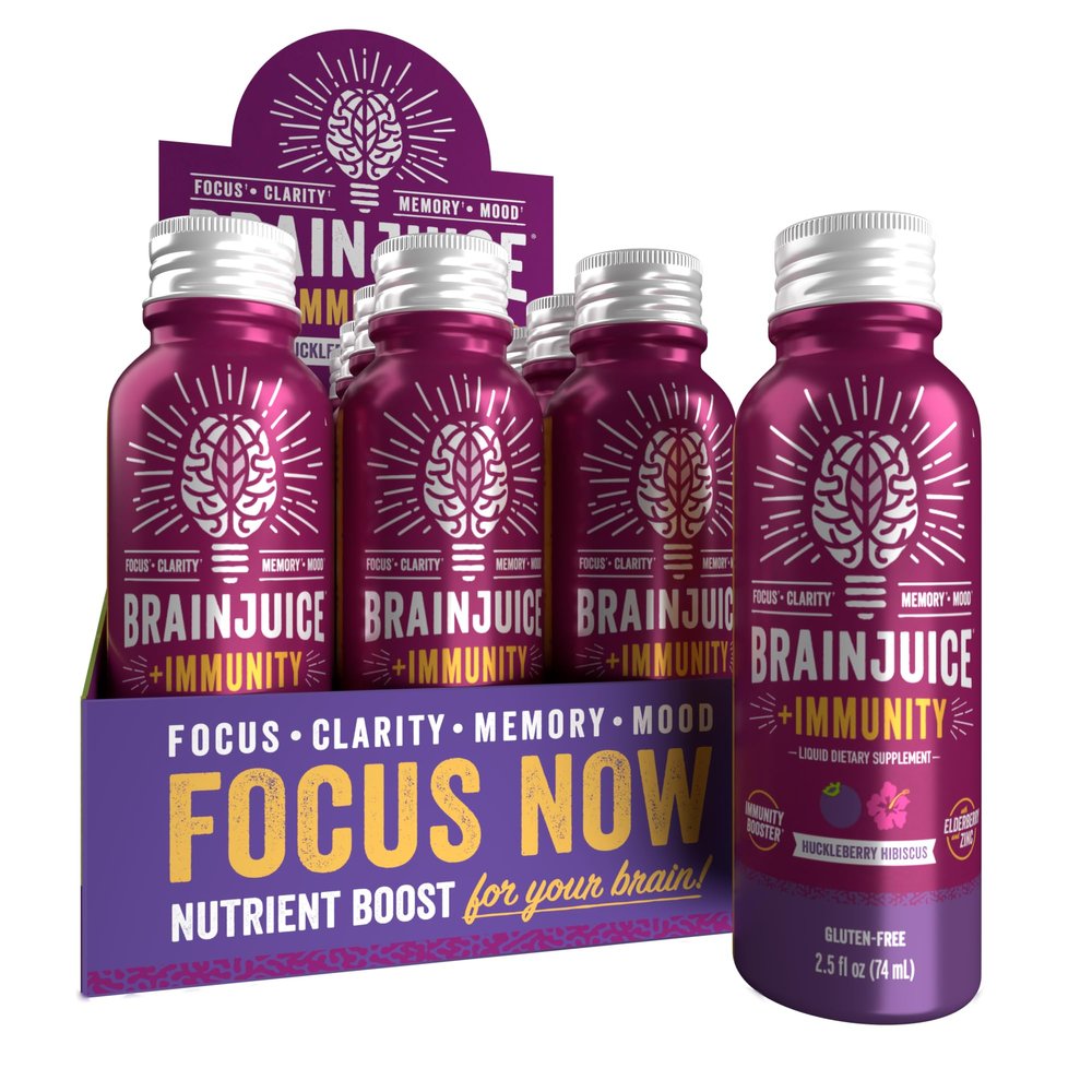 BrainJuice Brain and Immune Support Shot, Gluten Free Supplement Shots for Energy, Focus, Immunity with Vitamin D, C B, Alpha GPC & Organic Ginger Root, Huckleberry Hibiscus, 2.5 fl oz, 12 Pack