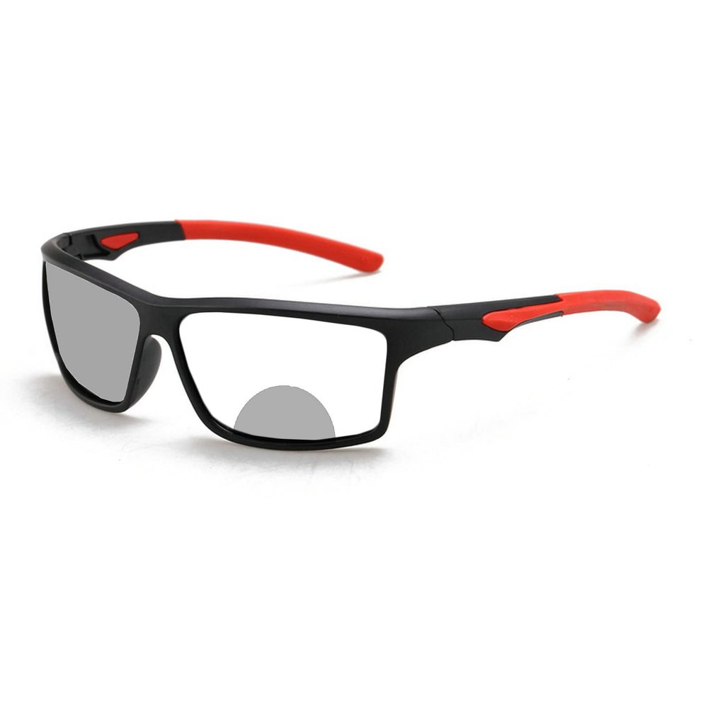Transition Photochromic Bifocal Reading Glasses for Mens and Womens, Fashion Square Sports Sunglasses Readers 0~+4.00 (black red, 200 magnification)