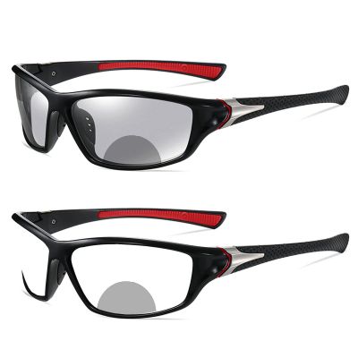 willochra Fashion Transition Photochromic Bifocal Reading Glasses for Mens and Womens, Square Sports Sunglasses Readers 0~+400 (black red, 150 magnification)