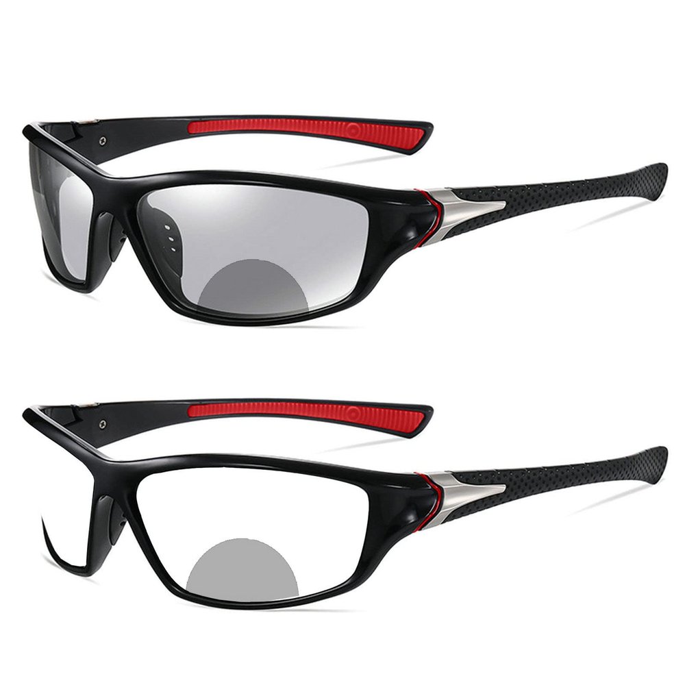 willochra Fashion Transition Photochromic Bifocal Reading Glasses for Mens and Womens, Square Sports Sunglasses Readers 0~+400 (black red, 150 magnification)