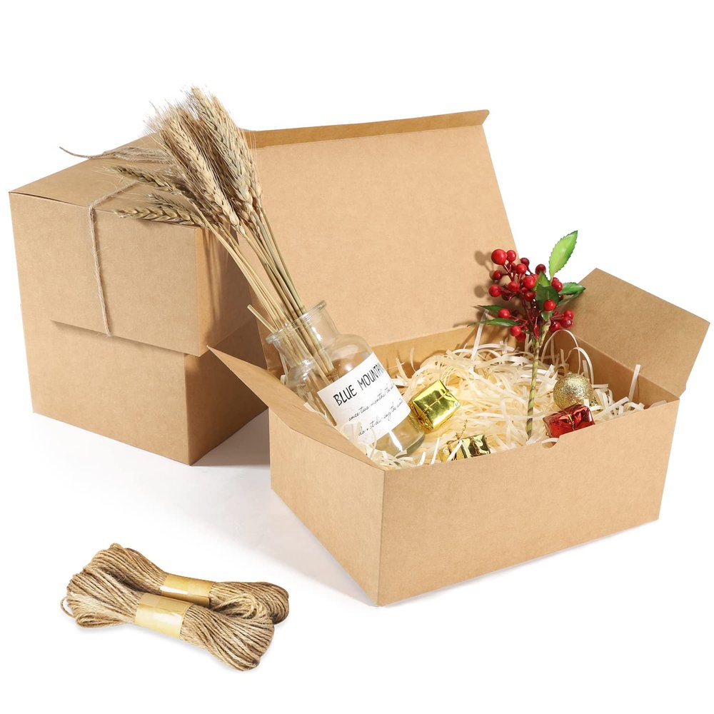 10 Pack Brown Gift Boxes, 9.45x6.5x4 Inches Kraft Paper Boxes with Lids for Valentine's, Birthday party, Wedding, Cupcake Boxes, Easy Assemble Bridesmaids Proposal Boxes, With 66ft Twine