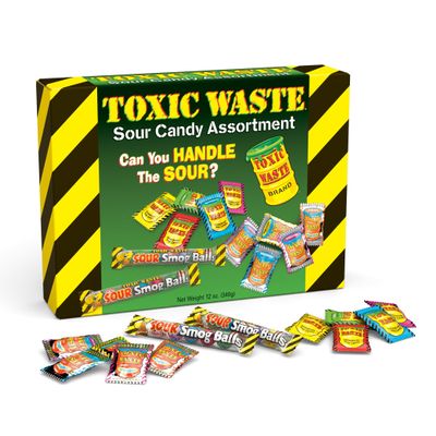 TOXIC WASTE - Amazon Exclusive Giant Theatre Box - 3 Varieties of Sour Hard Candy - Toxic Waste, Nuclear Fusion, & Smog Balls Candy - 12 oz. Box