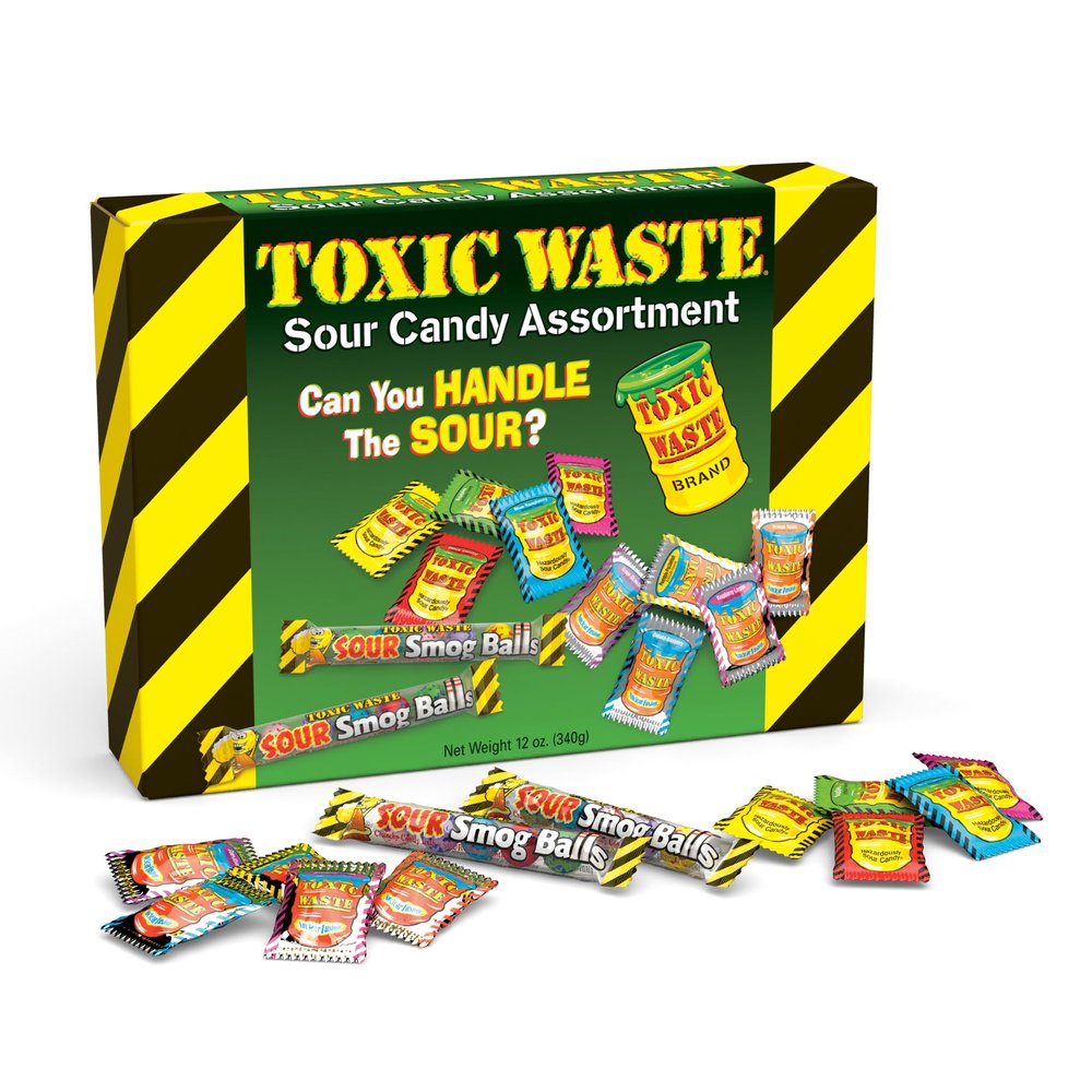 TOXIC WASTE - Amazon Exclusive Giant Theatre Box - 3 Varieties of Sour Hard Candy - Toxic Waste, Nuclear Fusion, & Smog Balls Candy - 12 oz. Box