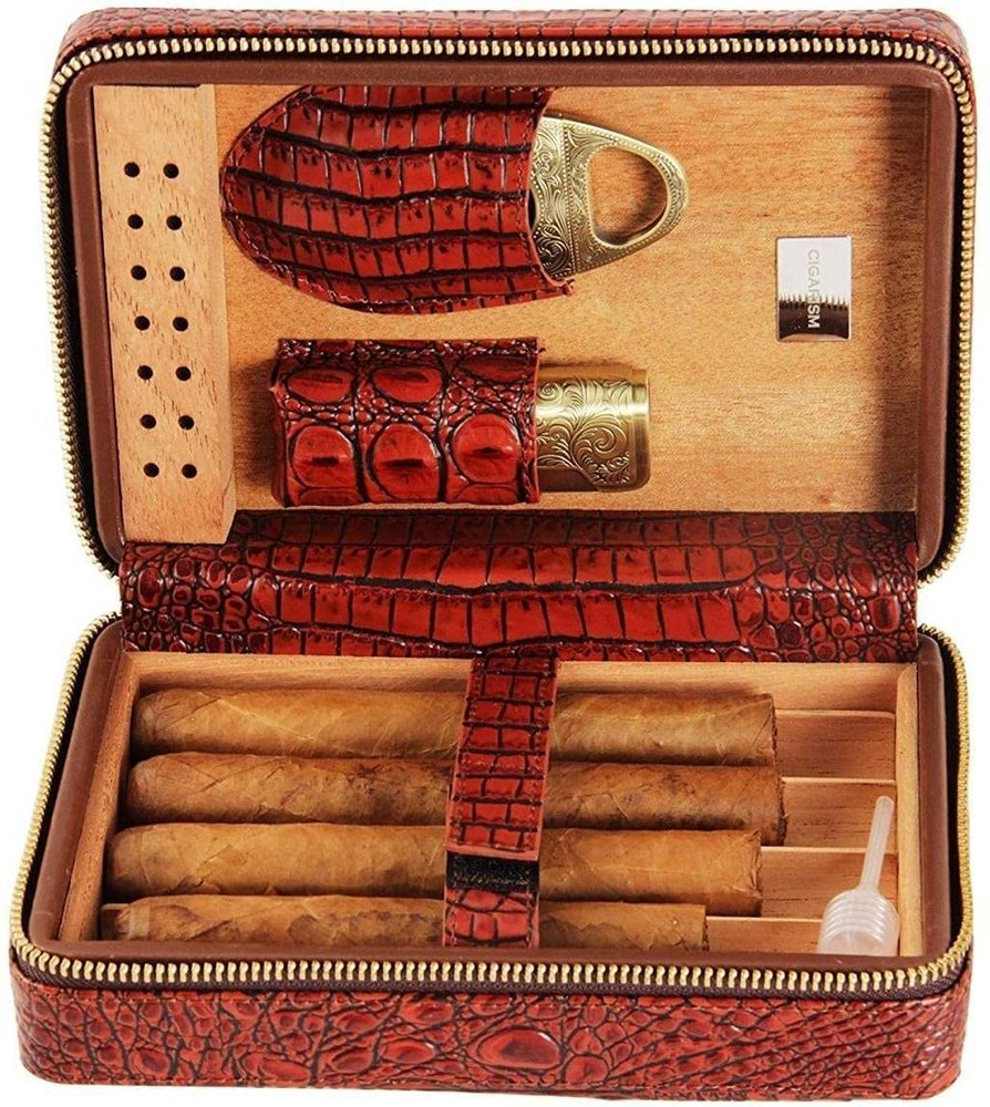 HongLianRiven Cigar Box Humidor Leather with Humidifier Tray Straw Cedar Wood Lining Leather Travel Portable Box