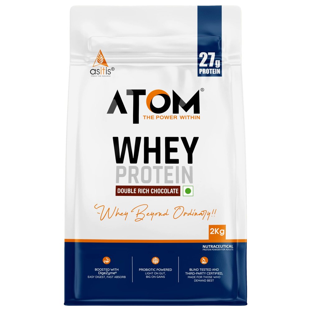 AS-IT-IS Atom Whey Protein 2kg/70.5 Oz With Digestive Enzymes | Usa Labdoor Certified for Accuracy & Purity | Double Rich Chocolate Flavor | 27g Protein | 5.7g Bcaa