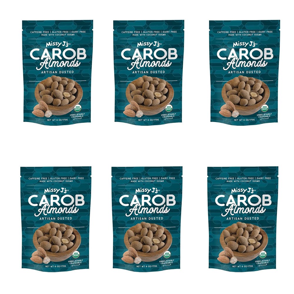 Missy J's Organic Carob Covered Almonds 6 Oz. 6 Pack, Carob Made w/Coconut Sugar, Vegan and Gluten-Free, Healthy Caffeine Free Substitute for Chocolate, Perfect for Snacks and Treats
