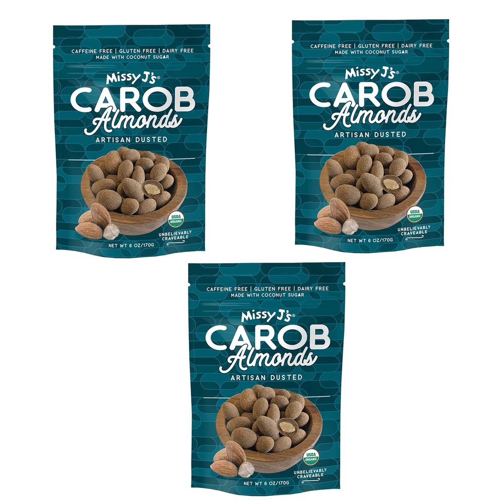 Missy J's Organic Carob Covered Almonds 6oz 3pk | Carob Made w/Coconut Sugar, Vegan and Gluten-Free | Healthy Caffeine Free Substitute for Chocolate, Perfect for Snacks and Treats