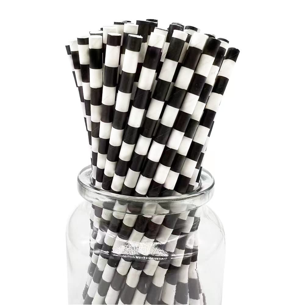 Biodegradable Black White Checkered Straws, 100 PCS Racing Car Straws Disposable Black Striped Paper Drinking Straw for Checkered Party Supplies, Treat Stick and Cake Pop Sticks
