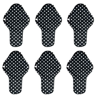 Aslana 6-Pack Reusable Cloth Menstrual Pads Sanitary Napkins Pantiliners for Light, Medium and Heavy Flow (L, Polkadot Black White), Black White Polka Dots