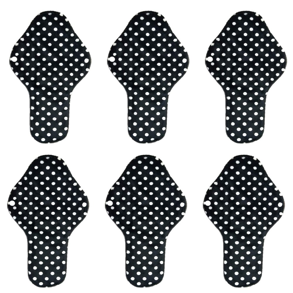 Aslana 6-Pack Reusable Cloth Menstrual Pads Sanitary Napkins Pantiliners for Light, Medium and Heavy Flow (L, Polkadot Black White), Black White Polka Dots