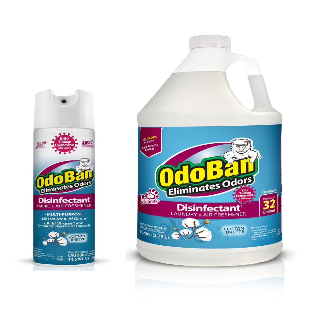 OdoBan Ready-to-Use Disinfectant & Odor Eliminator, Made in the USA, Cotton Breeze, 14.6 Oz 360-Degree Continuous Spray Freshener, 2-Pack & 1 Gallon Multi-Purpose Cleaning Concentrate