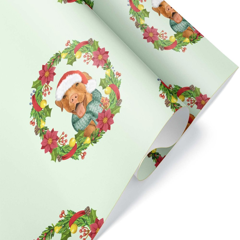 Pit Bull Wreath Christmas Wrapping Paper, Premium Bully Terrier Puppy Dog Gift Wrap, X-Mas Holiday American Bulldog Theme Party Decoration Decor (12 foot x 30 inch roll)
