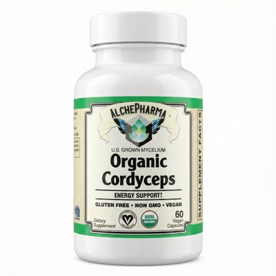 AlchePharma Organic Cordyceps Mushroom Capsules  1000mg Serving  U.S. Grown Cordyceps Sinensis Mycelium  Standardized to 40% Polysaccharides  Vegan, Non-GMO, Gluten Free Supplement