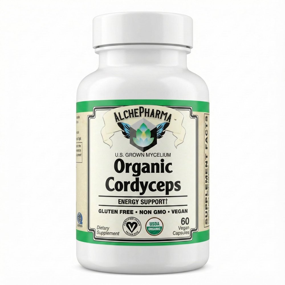 AlchePharma Organic Cordyceps Mushroom Capsules  1000mg Serving  U.S. Grown Cordyceps Sinensis Mycelium  Standardized to 40% Polysaccharides  Vegan, Non-GMO, Gluten Free Supplement