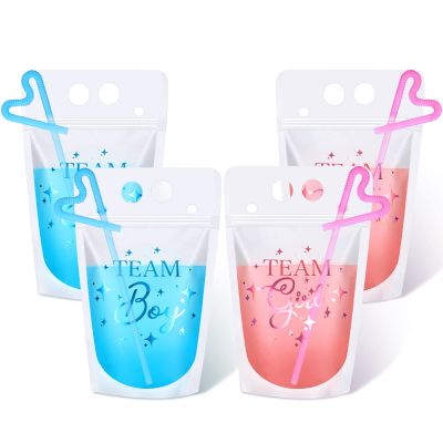 24 Pieces Gender Reveal Drink Pouches Bags with Straws Blue Pink Plastic Clear Reclosable Zipper Drink Pouch Cups for Gender Reveal Party Decoration