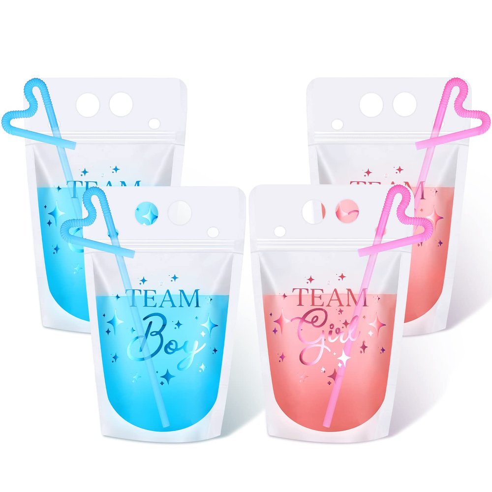 24 Pieces Gender Reveal Drink Pouches Bags with Straws Blue Pink Plastic Clear Reclosable Zipper Drink Pouch Cups for Gender Reveal Party Decoration