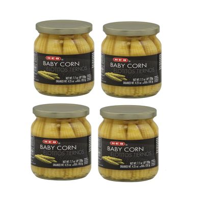 Whole Baby Corn (ELOTITOS TIERNOS) 4 Glass Jars NT WT. 7.7 (220g) DN. WT. 4.25 oz (120.5g) BY H-E-B