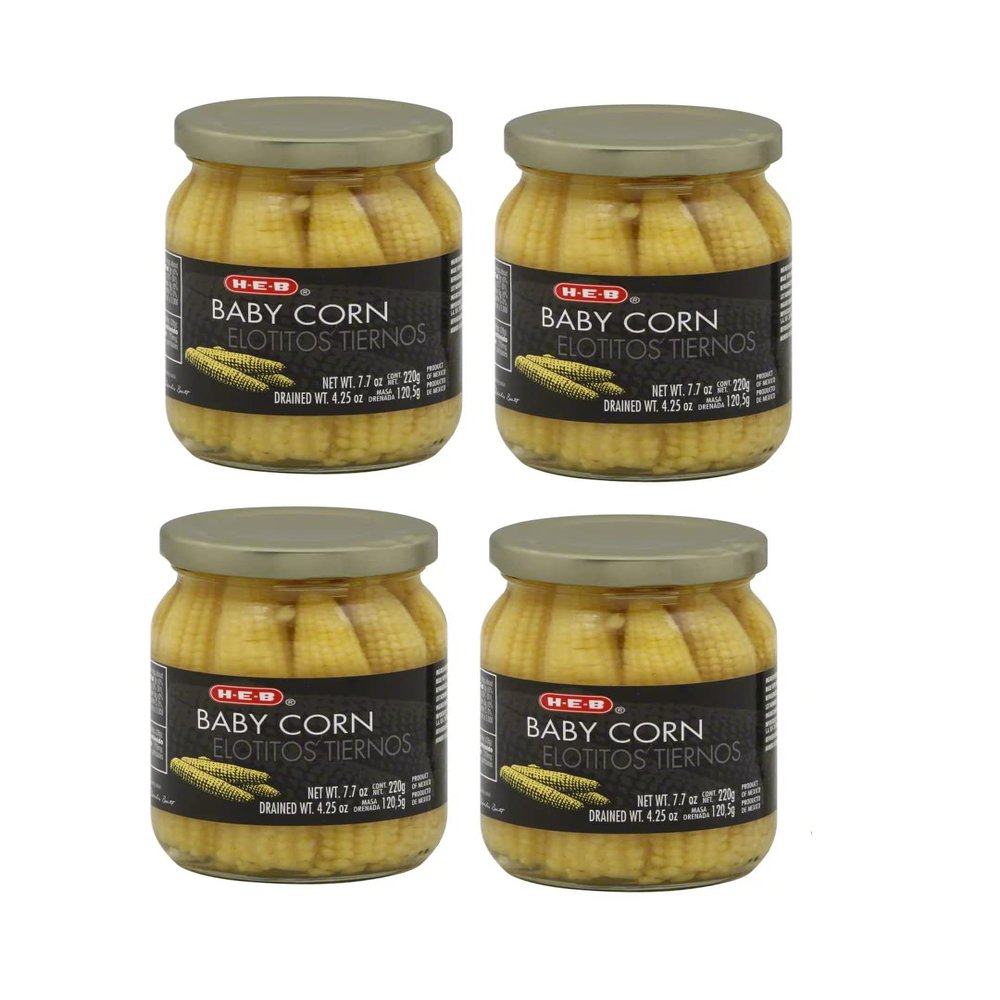 Whole Baby Corn (ELOTITOS TIERNOS) 4 Glass Jars NT WT. 7.7 (220g) DN. WT. 4.25 oz (120.5g) BY H-E-B