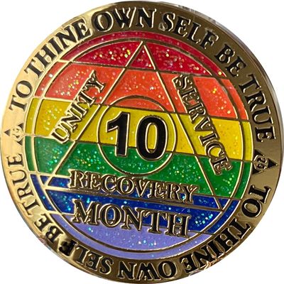 10 Month AA Medallion Reflex Rainbow Glitter Gold Sobriety Chip