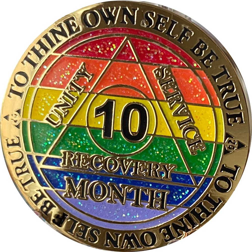10 Month AA Medallion Reflex Rainbow Glitter Gold Sobriety Chip