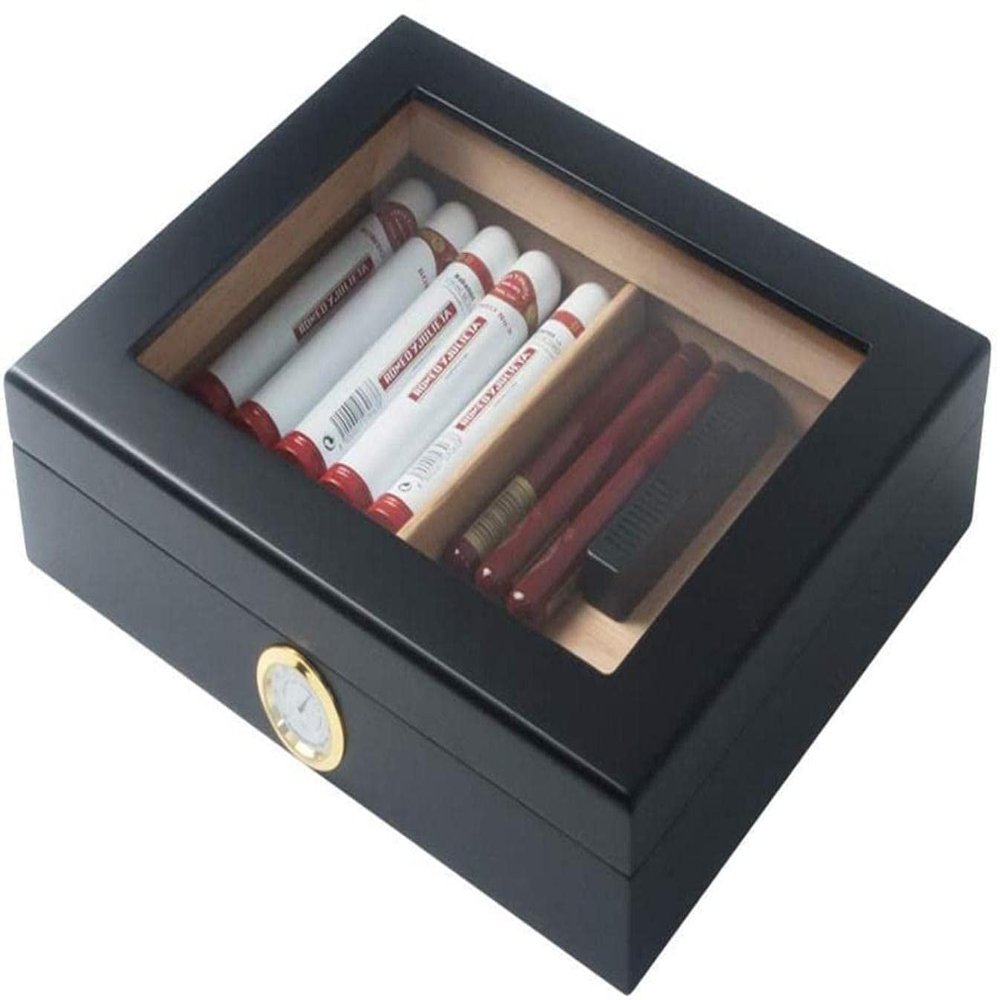HongLianRiven Cigar Box Humidor Cedar Wood Glass Top with Humidifier and Hygrometer Constant Temperature and Humidity