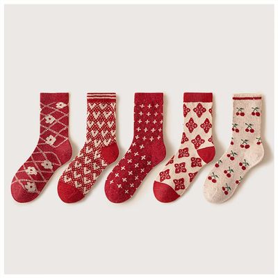 Chinese New Year Red Socks, Autumn and Winter Women's Cotton Socks and Zodiac Socks, China Spring Festival Retro Baby Girl (Color : RED-1, Size : 34-39)