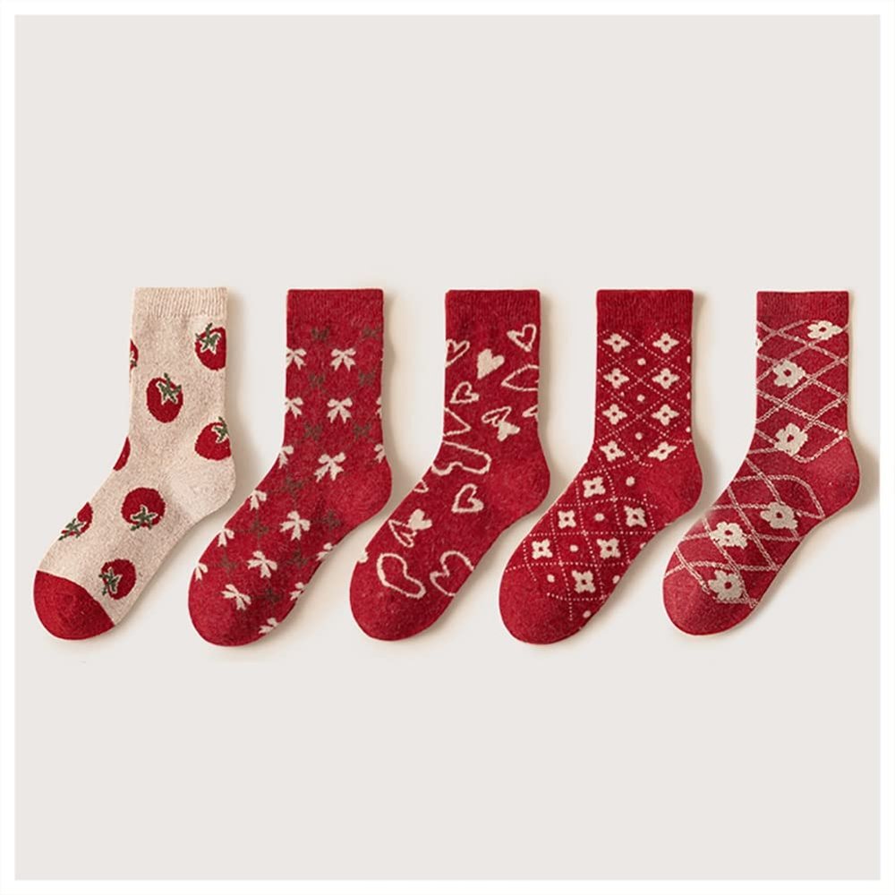 Chinese New Year Red Socks, Autumn and Winter Women's Cotton Socks and Zodiac Socks, China Spring Festival Retro Baby Girl (Color : RED-5, Size : 34-39)