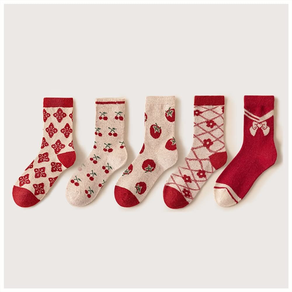 Chinese New Year Red Socks, Autumn and Winter Women's Cotton Socks and Zodiac Socks, China Spring Festival Retro Baby Girl (Color : RED-4, Size : 34-39)