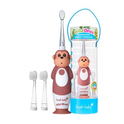 BrushBaby - WildOnes - Kids Rechargeable Electric Toothbrush, Ages 0-10 - Monkey Design with Flashing Lights - DeepClean Bristles for Superior Cleaning - 2 Replacement Brush Heads, 1 USB Cable