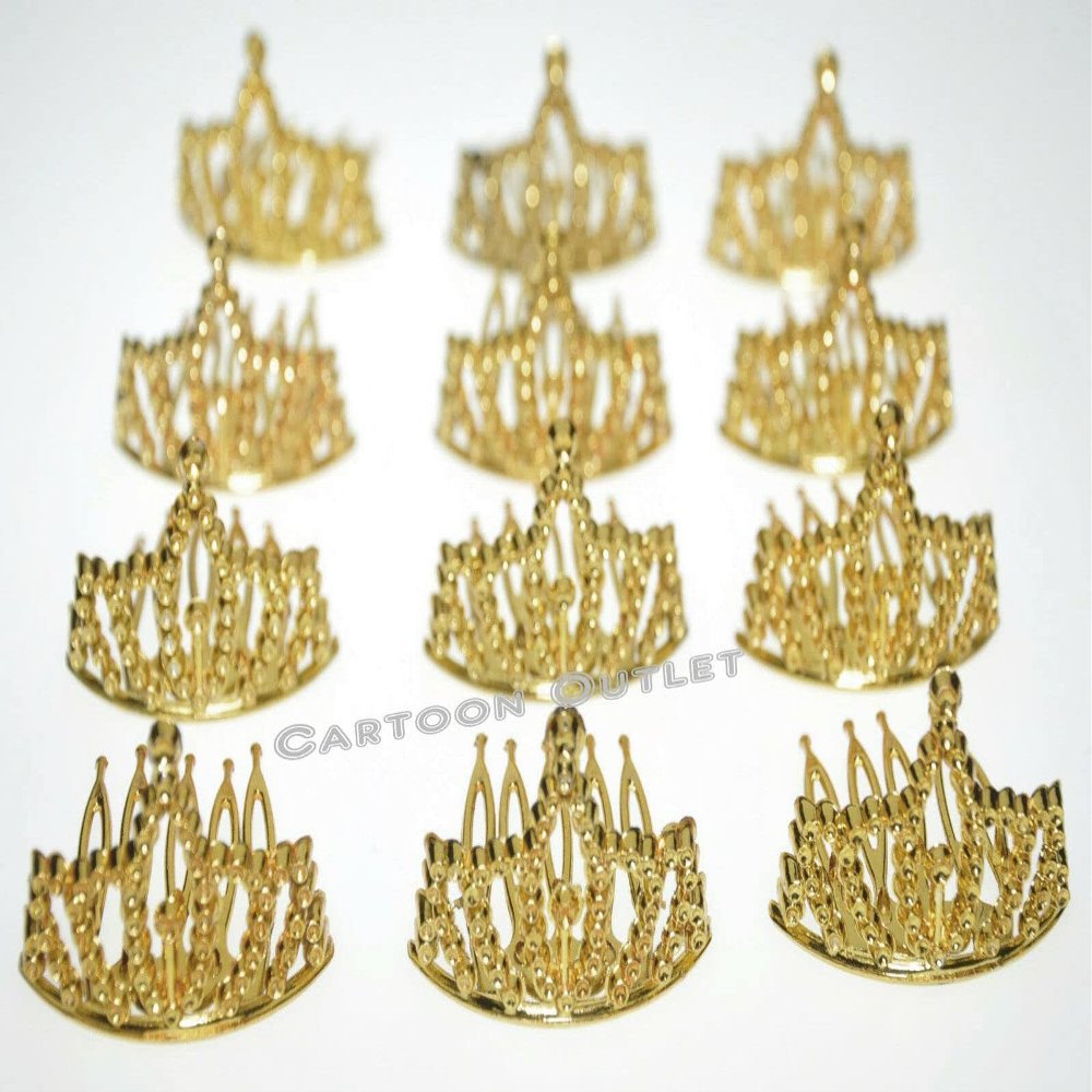 12 Gold Mini Plastic Princess Queen Tiara Crown Party Favors Cupcake Toppers