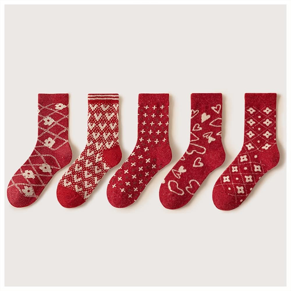 Chinese New Year Red Socks, Autumn and Winter Women's Cotton Socks and Zodiac Socks, China Spring Festival Retro Baby Girl (Color : RED-3, Size : 34-39)