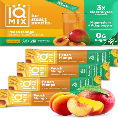 IQMIX Hydration Electrolyte Powder  4-in-1 Formula for Hydration, Mental Clarity, Mood and Recovery  Sugar-Free Drink Mix, Keto, Magnesium L-Threonate, Lions Mane  20 Count Peach Mango