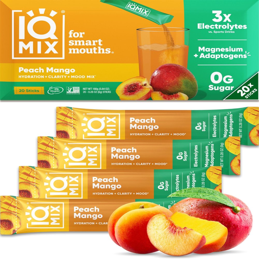 IQMIX Hydration Electrolyte Powder  4-in-1 Formula for Hydration, Mental Clarity, Mood and Recovery  Sugar-Free Drink Mix, Keto, Magnesium L-Threonate, Lions Mane  20 Count Peach Mango