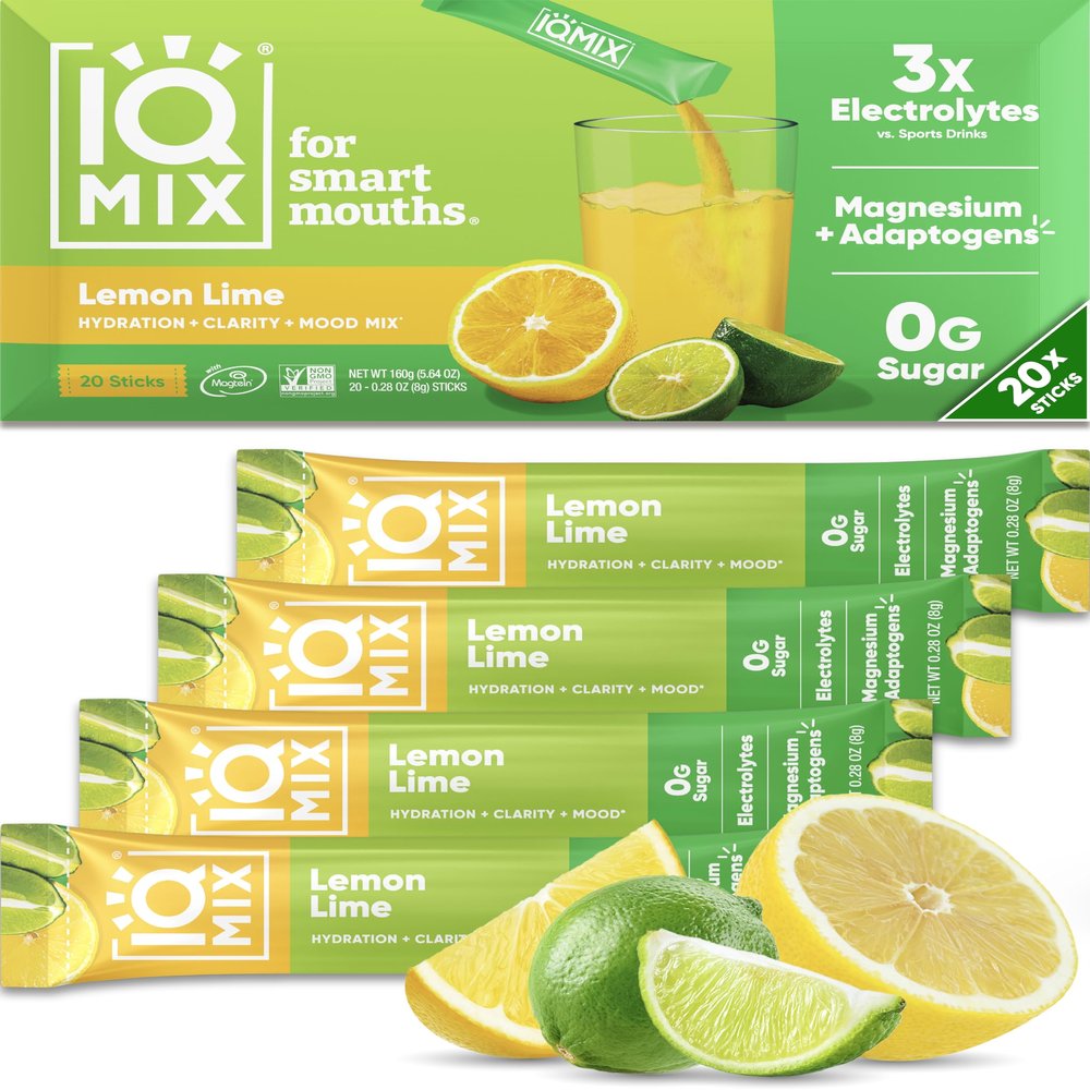 IQMIX Hydration Electrolyte Powder  4-in-1 Formula for Hydration, Mental Clarity, Mood and Recovery  Sugar-Free Drink Mix, Keto, Magnesium L-Threonate, Lions Mane  20 Count Lemon Lime