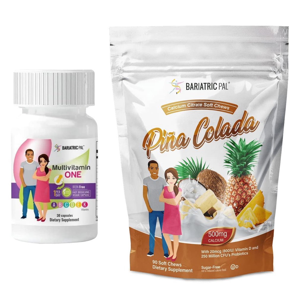 BariatricPal 30-Day Bariatric Vitamin Bundle (Multivitamin ONE 1 per Day! Iron-Free Capsule and Calcium Citrate Soft Chews 500mg with Probiotics - Pia Colada)