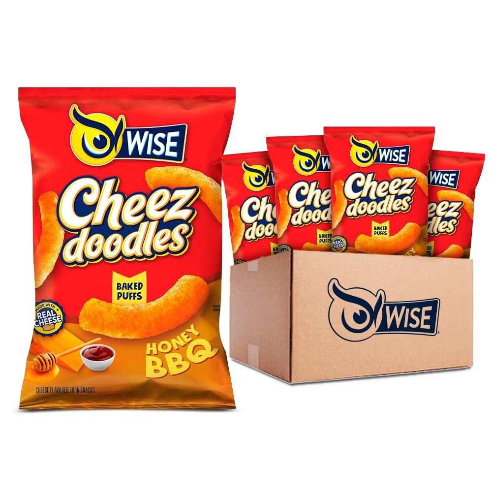 Wise Snacks Cheez Doodles Baked Puffs, Honey BBQ, Individual Snack Size Bags, School and Halloween Snacks for Kids, Gluten Free, 0g Trans Fat, No Preservatives, 0.75 Ounce (42 Count)