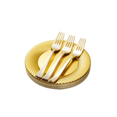 N9R 60pcs Gold Plastic Dessert Plates with Forks, Include 30pcs Disposable Dessert Plates 7 inch, 30pcs Gold Plastic Forks 7.4 inch for Parties Weddings Birthday