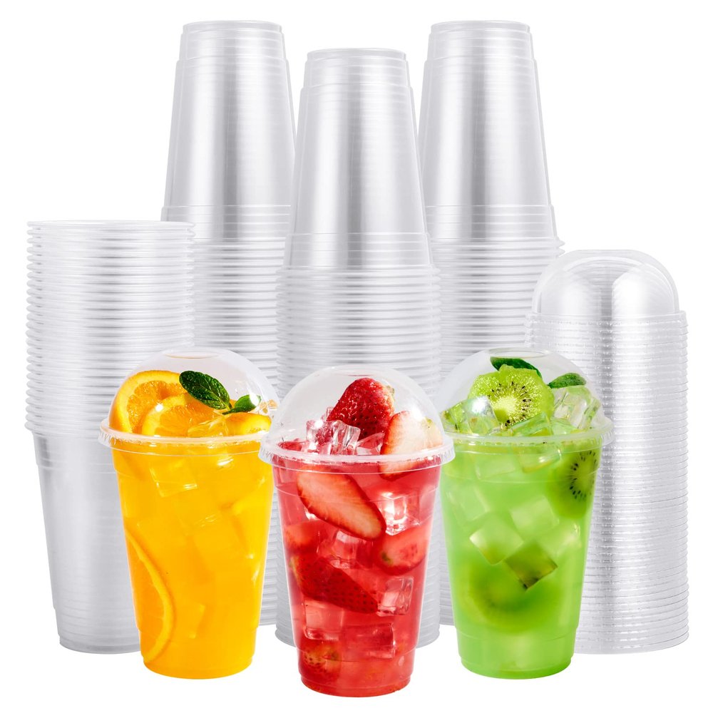 FOCUSLINE 200 PACK 16oz Clear Plastic Cups with Lids, Disposable Cold Drinking Cups, 16 Ounce Large Clear Cup with Dome Lids with Holes for Smoothie, Milkshake, Bubble Tea, Parfait