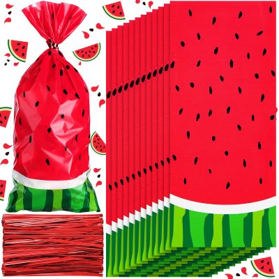 100 Pieces Watermelon Treat Bags Cellophane Candy Plastic Bags Bulk Melon Goodie Treat Wrap with 200 Pieces Twist Ties for Summer Fruit Birthday Party Gift Baby Shower Supplies Favors Merchandise