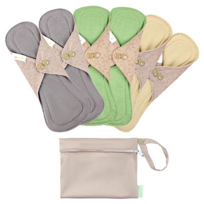 wegreeco 6 Pcs Reusable Menstrual Pads, Ultra Absorbent Cloth Pads for Heavy Flow, Sanitary for Teens,Women, Nonslip, Inner Mustard Yellow, Grey, Beige, Rose Gold Outer, XL