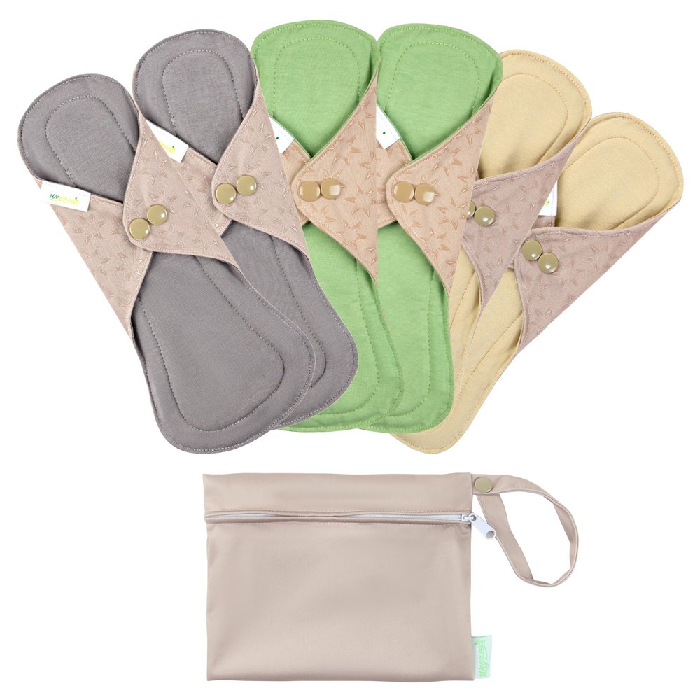 wegreeco 6 Pcs Reusable Menstrual Pads, Ultra Absorbent Cloth Pads for Heavy Flow, Sanitary for Teens,Women, Nonslip, Inner Mustard Yellow, Grey, Beige, Rose Gold Outer, XL