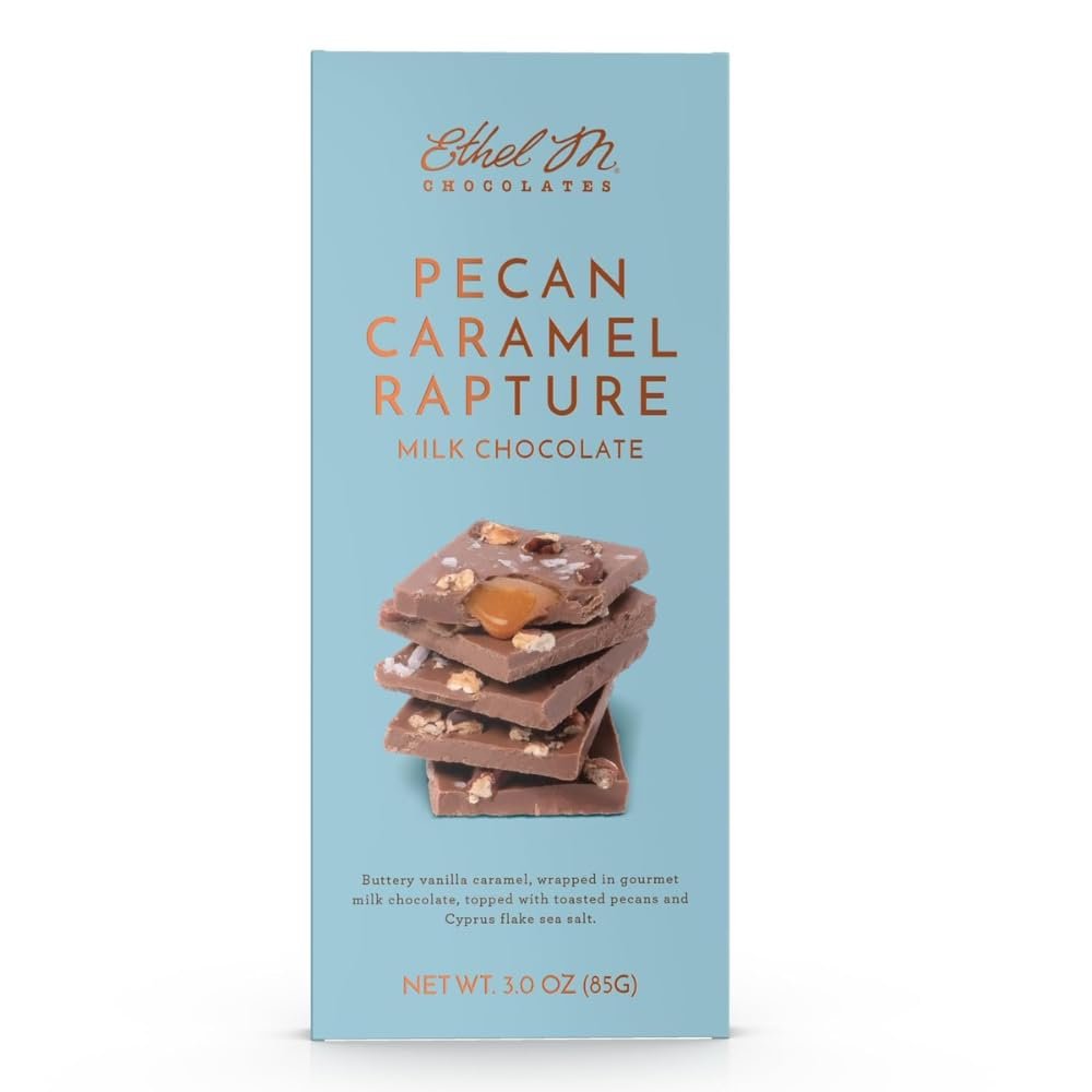 Ethel M Chocolates Small-Batch Gourmet Milk Chocolate Bar with Artisanal Caramel Fillings Topped with Chopped Pecans and Sea Salt (85g)