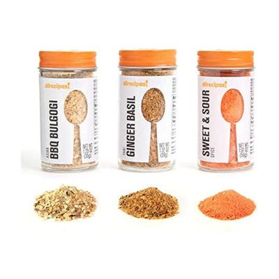 Allrecipes Asian Spice Blends (Asian BBQ Bulgogi, Sweet and Sour, Thai Ginger Basil) in Glass Jars with Removable Sifter Caps for Sprinkling, Set of 3, Clear, 9.63 x 6.13 x 2-Inch
